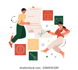 People signing contract. Man and woman with pen conclude deal, successful negotiations and business processes. Legal support, document. Agreement with signature. Cartoon flat vector illustration