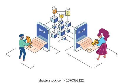 People Signing With Digital Signature Smart Blockchain Contract. Mobile Trasaction.