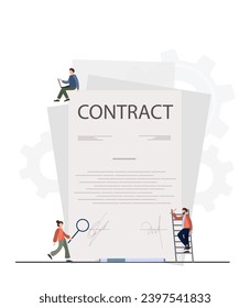 Personas firmando el documento, contrato, acuerdo, asociación en negocios, ilustración plana vectorial