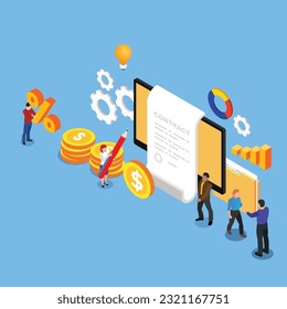 People signing of formal agreement, stack of coin, money, graph, folder with documents 3d vector illustration concept for banner, website, illustration, landing page, flyer, etc