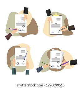 People signing paper and digital contract. Document signing and agreement conclusion, business partnership.