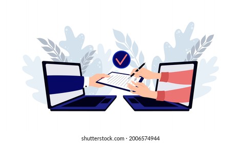 People signing paper and digital contract. Digital user agreement signing digital document with electronic signature.