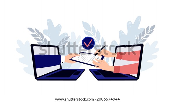 People
signing paper and digital contract. Digital user agreement signing
digital document with electronic
signature.