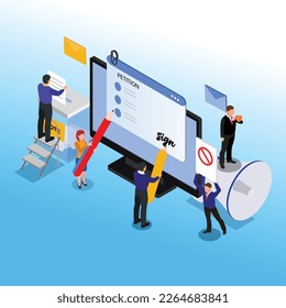 People signing and spreading petition or complaint 3d isometric vector illustration concept for banner, website, landing page, ads, flyer template