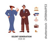 People Silent Generation 1928-45 social development vector information poster design. Cartoon retro fashion man and woman characters. Banking and coins, medicines and health care vintage symbols