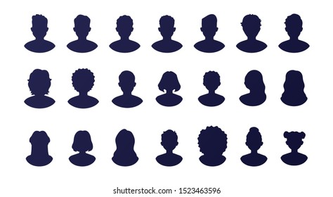 People silhouette avatars set isolated on a white background. Profile picture icons. Male and female faces. Cute cartoon modern simple design. Beautiful template. Flat style vector illustration.