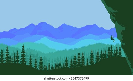 People Silhouette Climbing a Cliff with Mountain Nature View in Bright Sky