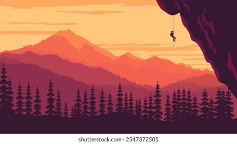 People Silhouette Climbing a Cliff with Mountain Nature View at Sunset Sunrise