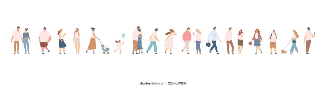 People silhouette crowd. Background people vector horizontal banner. Men and women, parents, kids walking outdoor