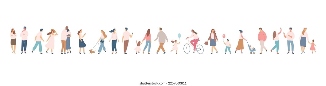 People silhouette crowd. Background people vector horizontal banner. Men and women, parents, kids walking outdoor