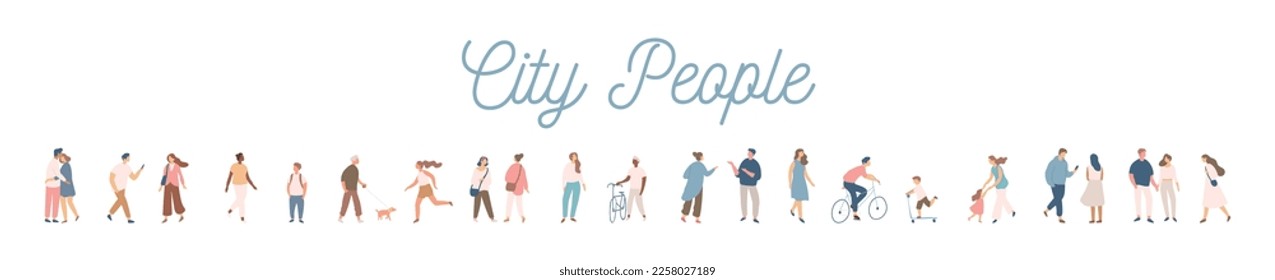 People silhouette crowd. Background people vector horizontal banner. Men and women, parents, kids walking outdoor