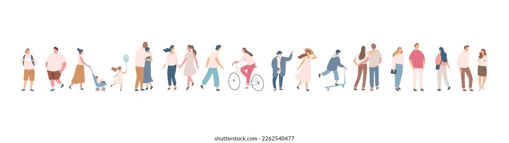 People silhouette crowd. Background people vector horizontal banner. Men and women, parents, kids walking outdoor