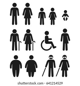 People silhouette icon set. Bathroom gender signs and health conditions symbols. Adults and children, senior and disabled. Medical or navigation pictograms.