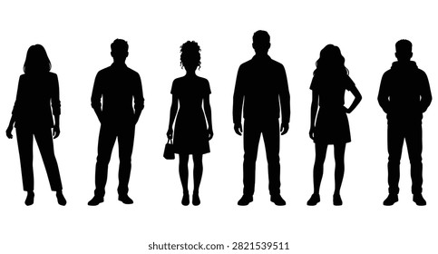 People silhouette icon set vector illustration, standing men and women crowd group diversity casual business full body black icon isolated on white background