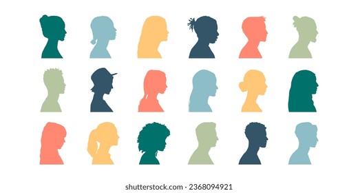 People silhouette icons of different ages and cultures. Concept of racial equality, family relationships