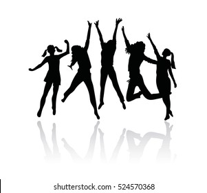 People silhouette jumping. Girls and women jumping and raising hands up.  Vector illustration isolated n white background. 