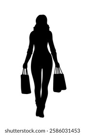 People silhouette. Monochrome black icon with woman holding bags with purchases after shopping. Sale and discounts. Rear view of standing character. Flat vector illustration isolated on background