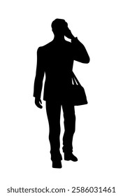 People silhouette. Monochrome black icon of male entrepreneur walking to meeting and talking on phone with colleague. Rear view of character. Flat vector illustration isolated on background