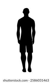 People silhouette. Monochrome black icon with figure of male athlete in sportswear. Young guy in casual clothes. Rear view of standing character. Flat vector illustration isolated on background