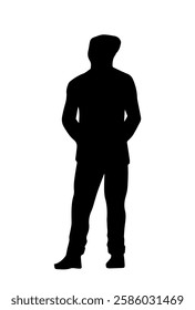 People silhouette. Monochrome black icon with full length figure of man in casual clothes. Simple sticker with guy. Rear view of standing character. Flat vector illustration isolated on background