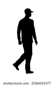 People silhouette. Monochrome black icon with young guy in casual clothes and cap. Front view of walking character. Figure of man in motion. Flat vector illustration isolated on background