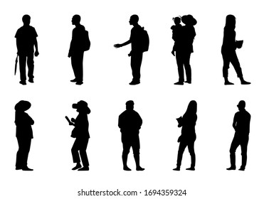 People silhouette stand set on white background, Shadow women and men to travel vector collection, Black different human illustration