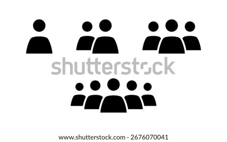 People silhouette user icon set with single person, pairs and bigger teams. Flat design simple vector user silhouettes. Isolated user avatar icons.