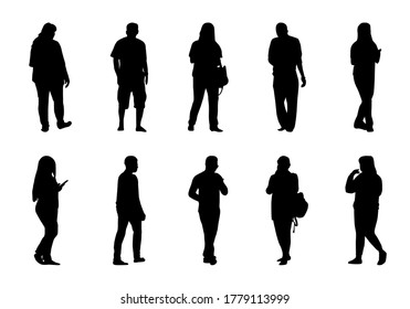 People silhouette vector, Man and women walking and use laptop smartphones, shoulder bag on white background