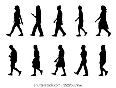 People Silhouette Walking On White Background, Black Men And Women Vector Set, Isolate Shape Group Girl And Boy, Shadow Different Human Illustration