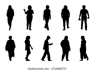 People silhouette walking on white background, Black men and women vector set, Shadow different human illustration