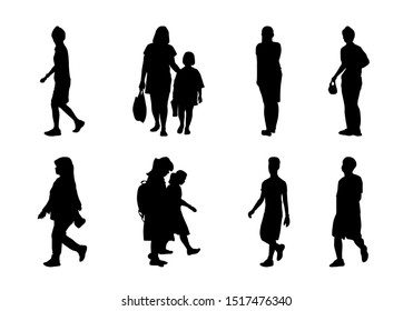 People silhouette walking set, Shadow different adult and child illustration, Black men and women vector on white background, Isolate shape group girl and boy