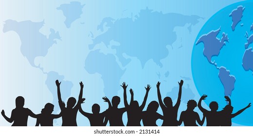 people silhouettes against a world background