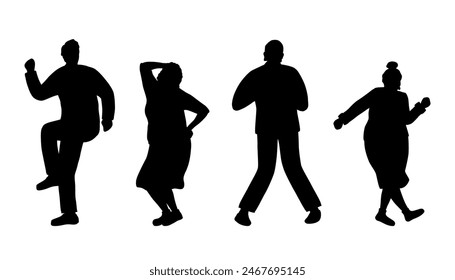 People Silhouettes. Black on White. Dancing senior people. Elderly people. Old men and old women have fun and dance. Positive active people. Vector illustration