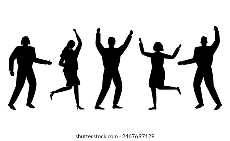 Personas Siluetas. Negro sobre blanco. Jóvenes bailarines. Felices Personas. Los hombres y las mujeres jóvenes se divierten y bailan. Personas activas positivas. Ilustración vectorial