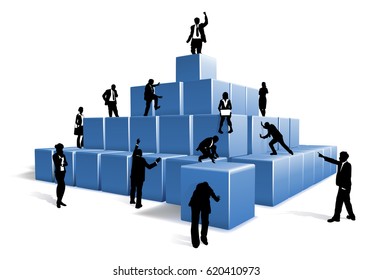 People Silhouettes Business Team Working Together Using Big Building Blocks To Make A Structure. Concept For Teamwork 