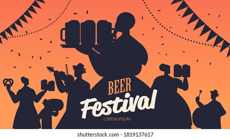 people silhouettes celebrating beer festival Oktoberfest party celebration concept lettering greeting card portrait horizontal vector illustration