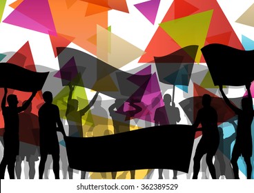 People silhouettes of cheering or protesting man and women with banners and signs in abstract vector background illustration