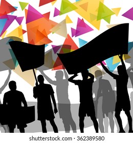 People silhouettes of cheering or protesting man and women with banners and signs in abstract vector background illustration