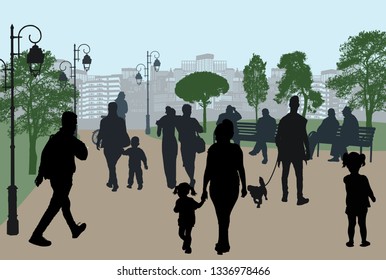 People silhouettes in a city park, vector illustration