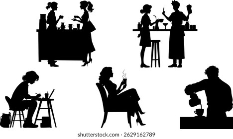Café People Silhouettes of Coffee Shop Lifestyle Vector Set