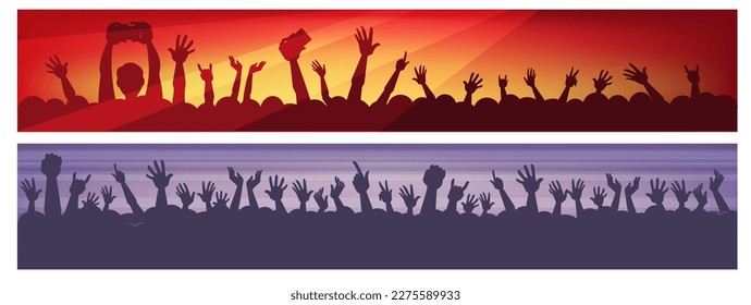 People silhouettes in crowd with raised hands, dancing under neon spotlights at concert or festival. Youth and adults have fun at music performance, taking photos and videos. Vector in flat style