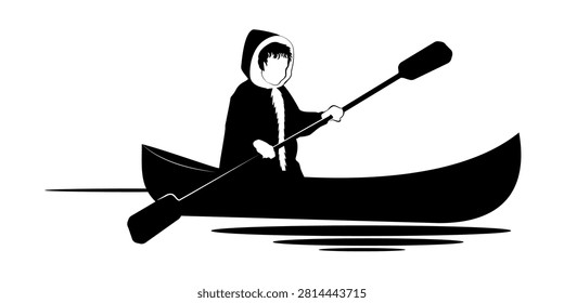People silhouettes. Cute eskimo boy im a boat in traditional clothing of the northern peoples. Vector illustration.	
