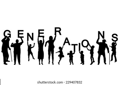 People silhouettes of different ages holding the letters of the word GENERATIONS