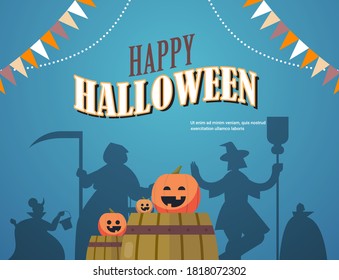 people silhouettes in different costumes celebrating happy halloween party concept lettering greeting card horizontal copy space vector illustration