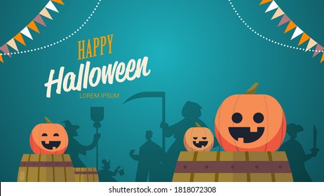 people silhouettes in different costumes celebrating happy halloween party concept lettering greeting card horizontal vector illustration