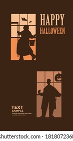 people silhouettes in different costumes celebrating happy halloween party concept lettering greeting card vertical full length vector illustration