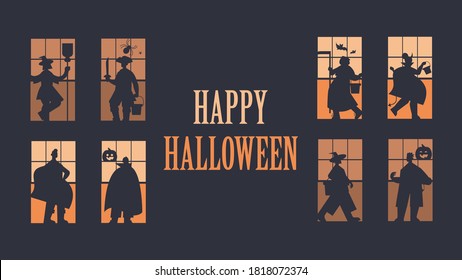 people silhouettes in different costumes celebrating happy halloween party concept lettering greeting card horizontal full length vector illustration