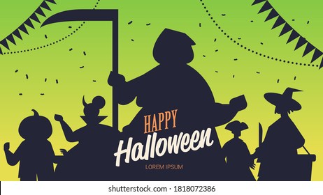 people silhouettes in different costumes celebrating happy halloween party concept lettering greeting card portrait horizontal copy space vector illustration