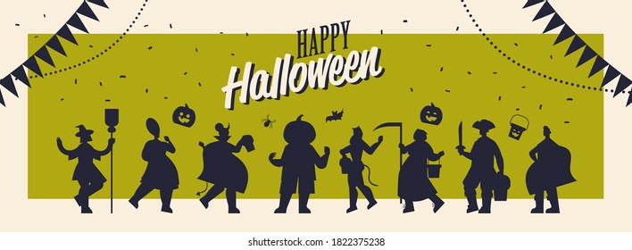 people silhouettes in different costumes celebrating happy halloween party concept lettering greeting card full length horizontal vector illustration