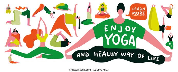 People silhouettes doing yoga on white background flat vector illustration